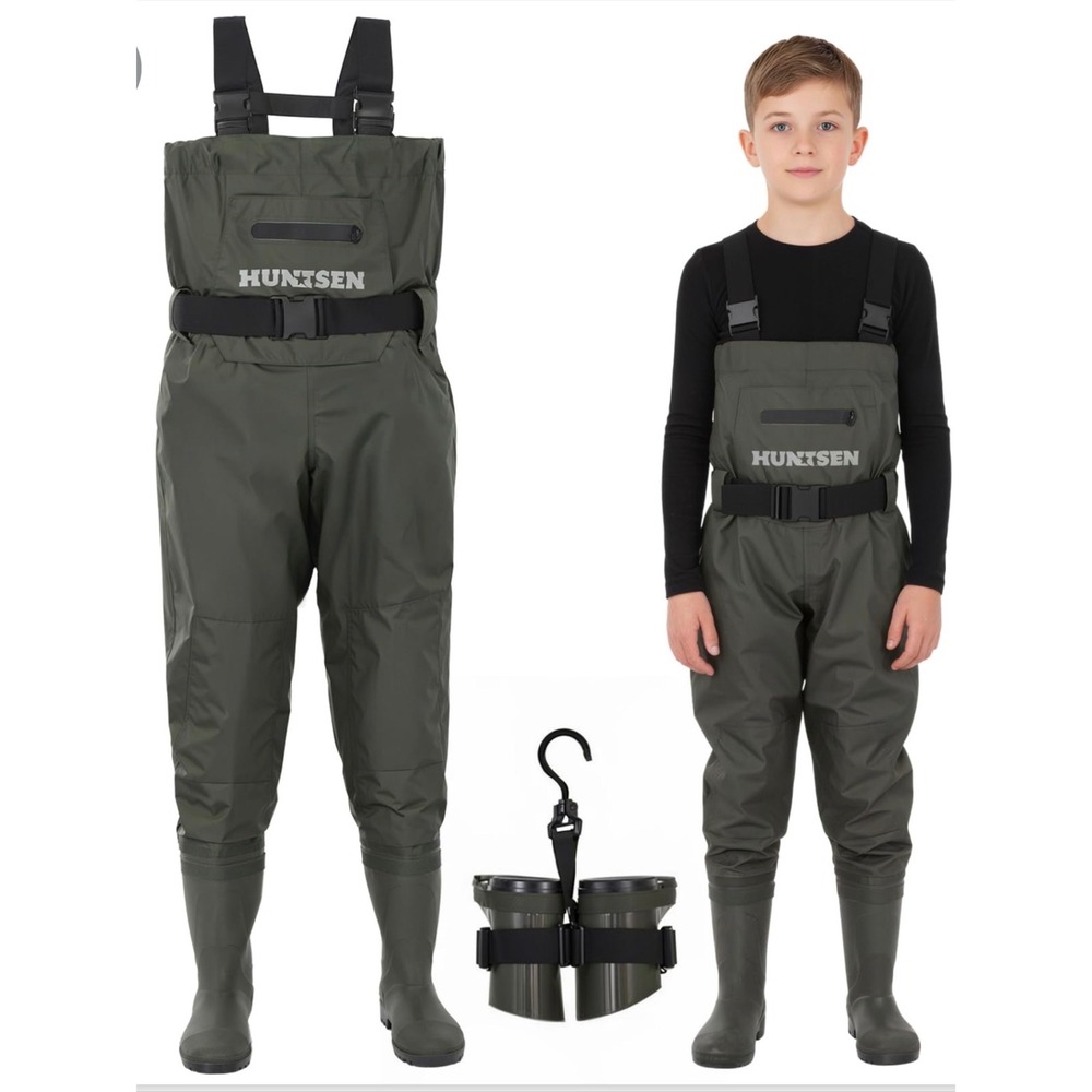 HUNTSEN Chest Waders Kids 6/7 Youth Green New Waterproof Fishing Hunting Boots